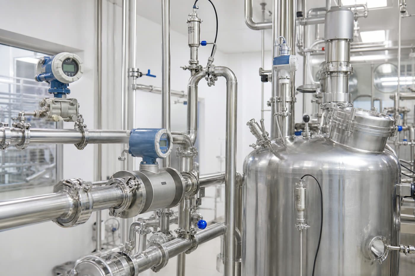 Pharmaceutical process piping with pressure transmitters, flow meters, level sensors, and temperature sensors