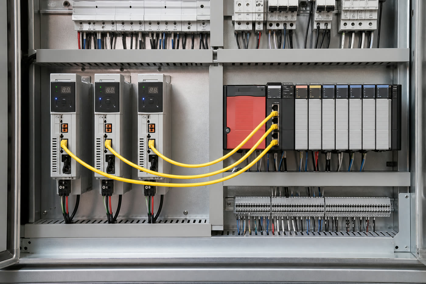 Three Allen-Bradley Kinetix 5100 servo drives connected to ControlLogix PLC over industrial Ethernet